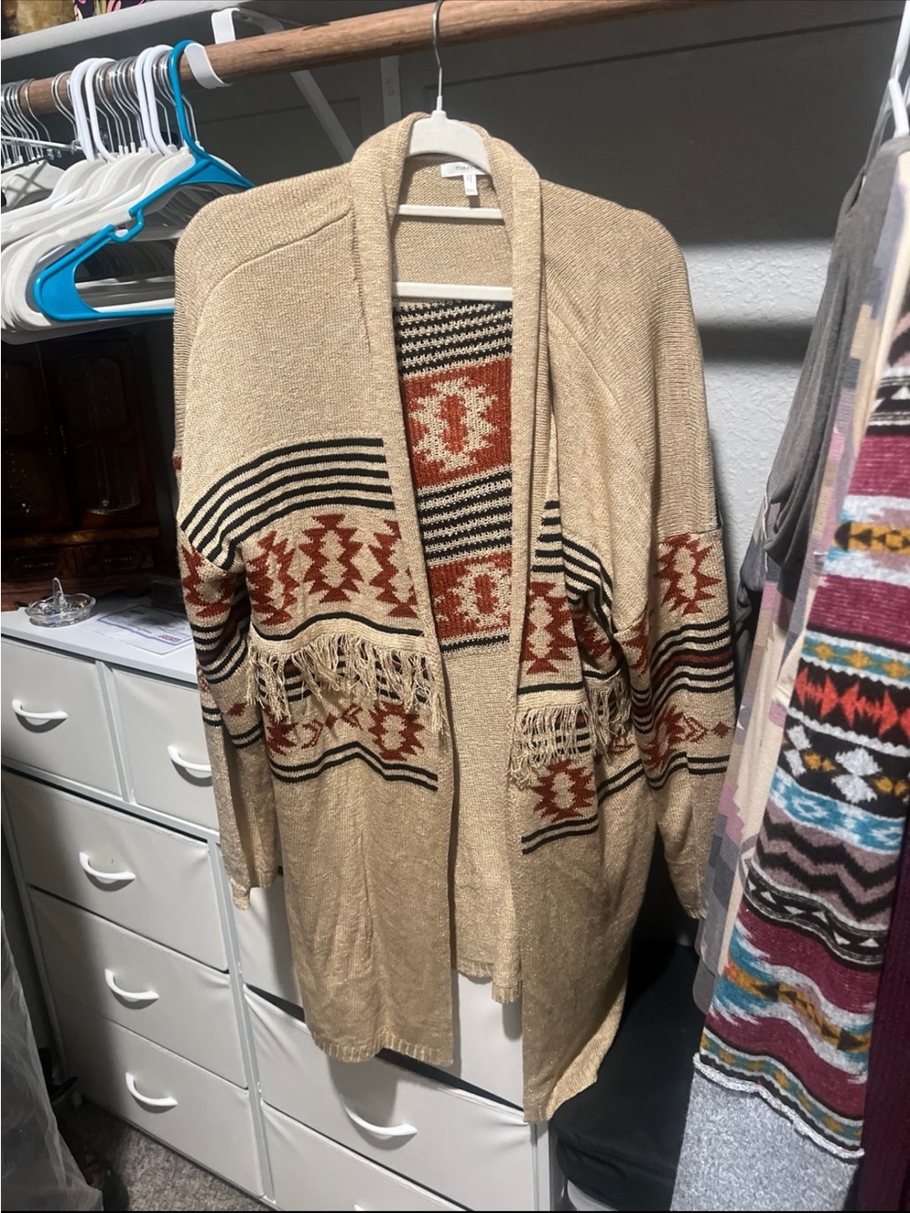 Maurices Beige Aztec Fringe Open Cardigan with Rust and Black Pattern